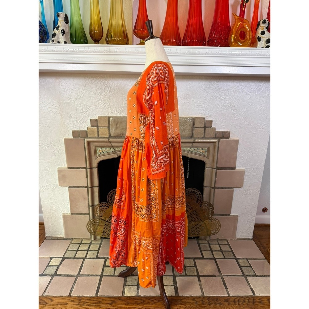 Handmade Orange Bandana Patchwork Midi Dress Bell Sleeve Paisley Boho S/M - Picture 2 of 11